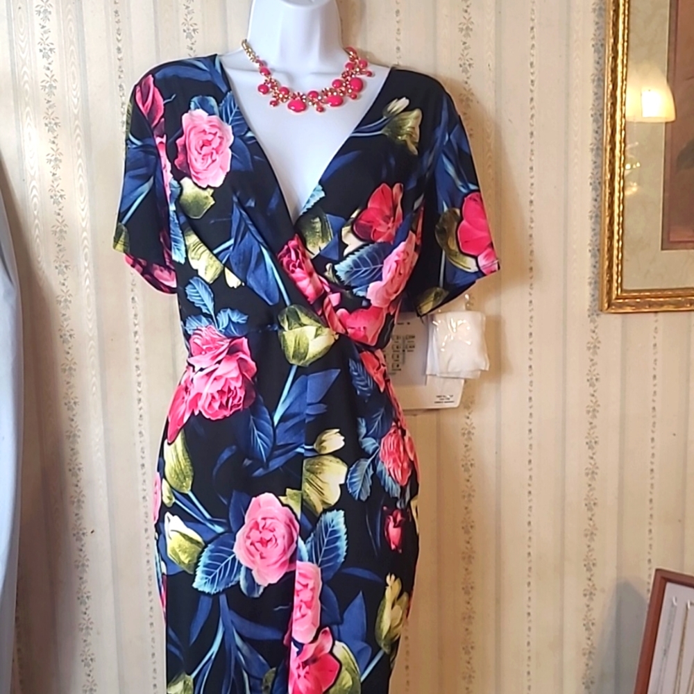 Black MIDI DRESS with Floral Print, Layered V Neck